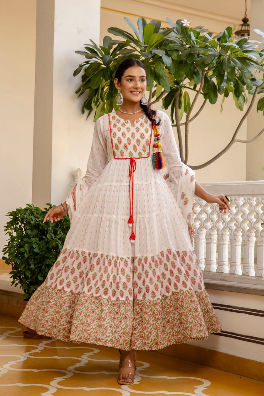 Women's White Floral Print Anarkali Dress and Dupatta