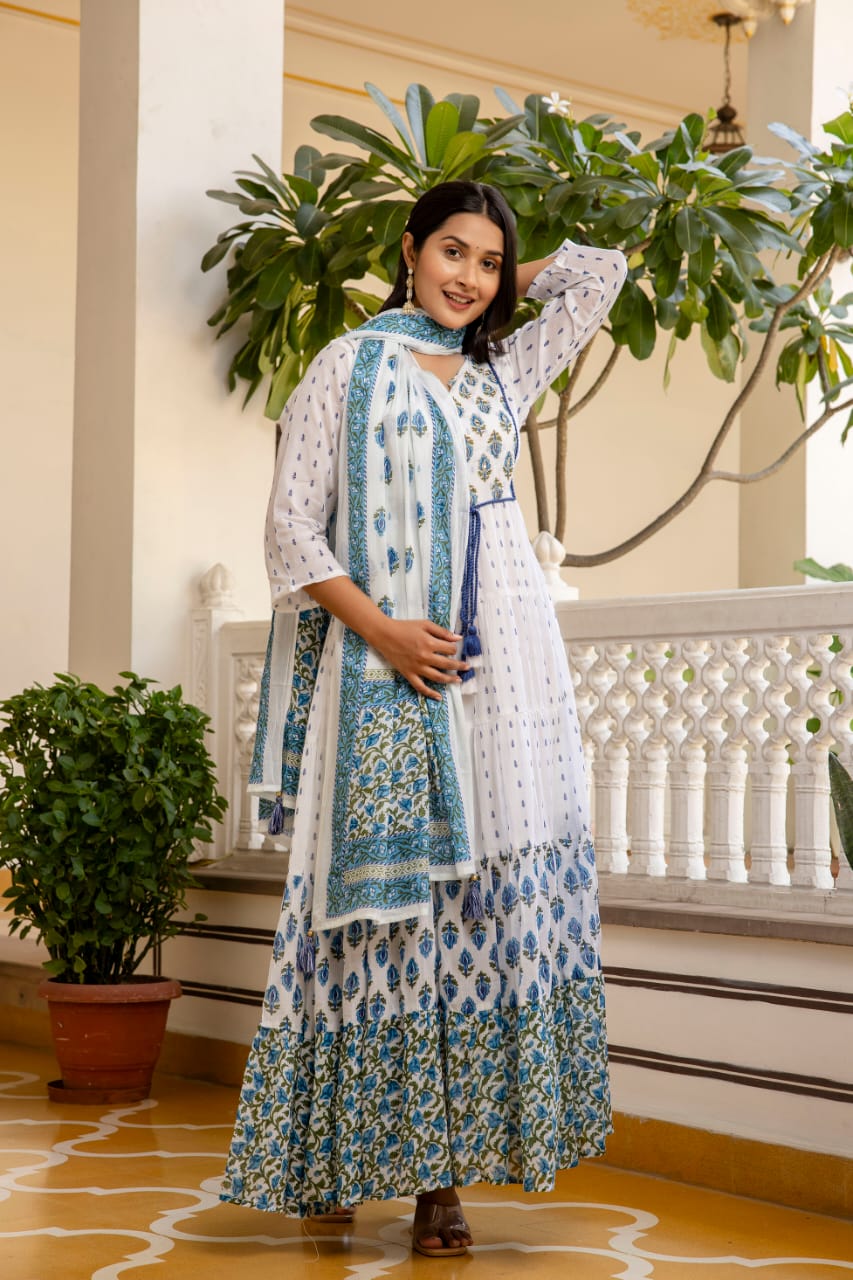 Women's White and Blue Floral Print Anarkali Dress