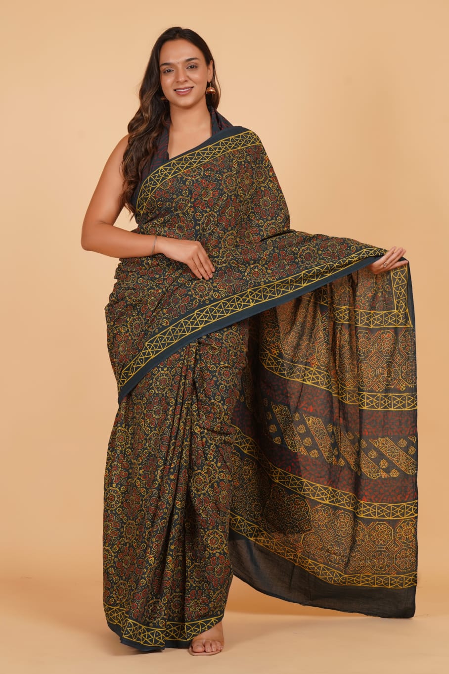 Elegant Dark Floral Printed Saree with Yellow Border