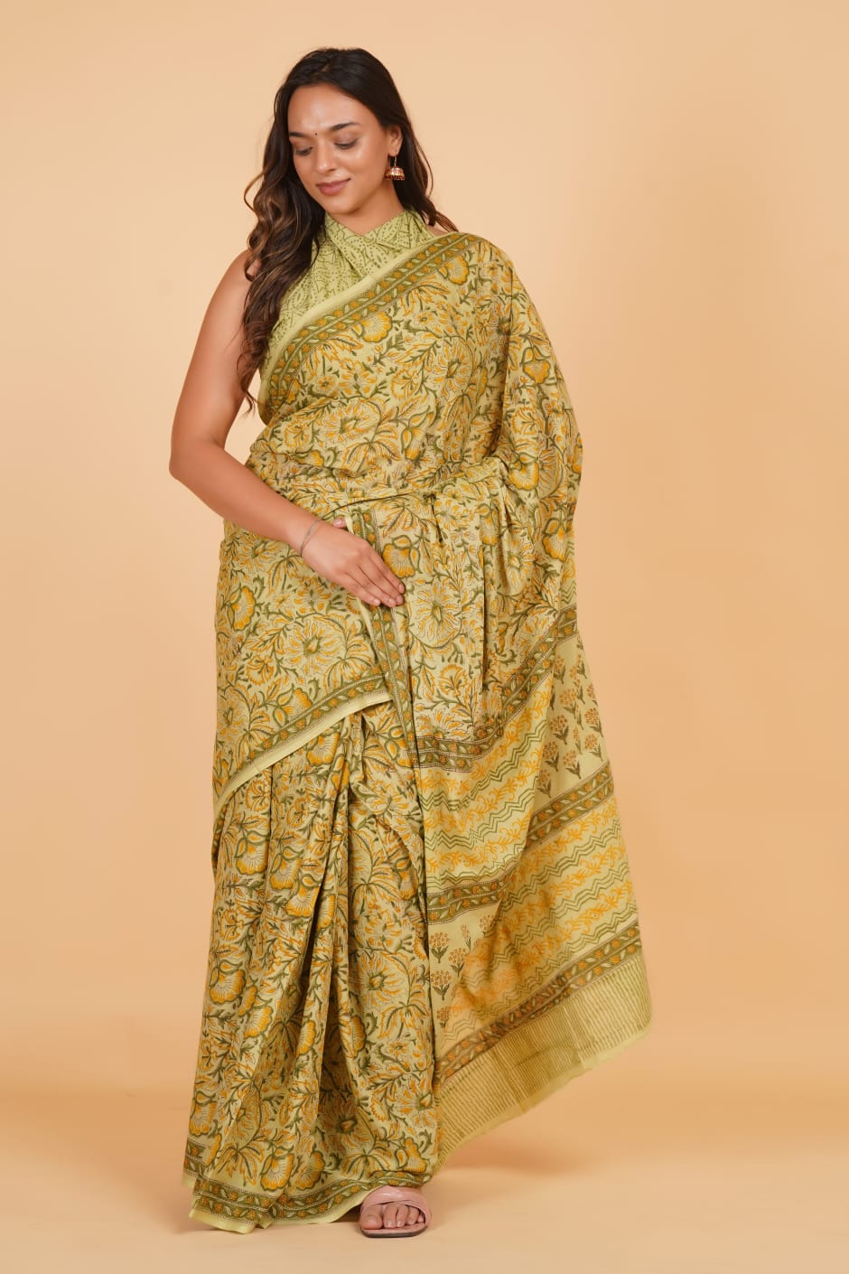 Sunshine Yellow Floral Printed Cotton Saree