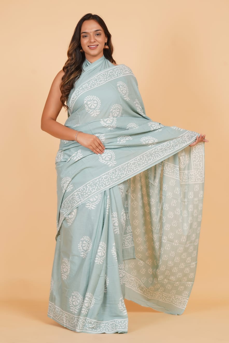 Aqua & White Hand Block Printed Saree