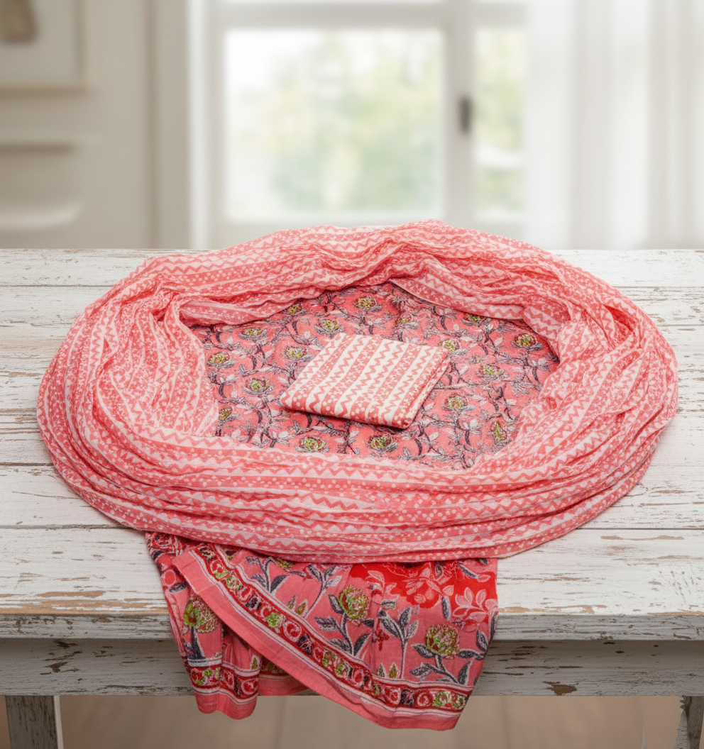 Sanganeri Floral Printed Cotton Suit Set | Jaipur Hand Block Unstitched Dress Material for Women | with Mal-Mal Cotton Dupatta