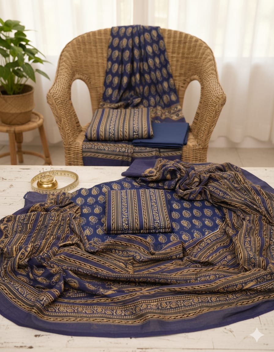 Handcrafted Ajrakh Cotton Suit Set, Traditional Block Print Design - with Mal Cotton Dupatta