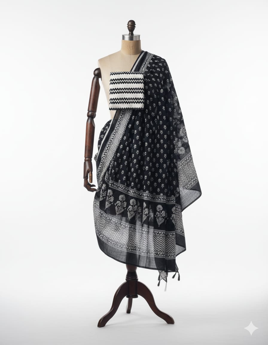 Elegant Black & White Handblock Printed Cotton Suit Set