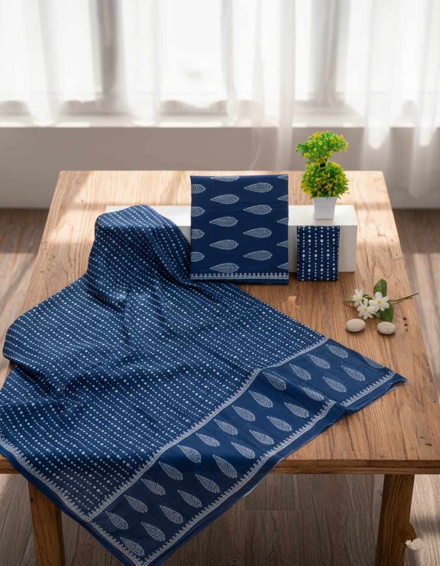 Elegant Indigo Blue Handblock Printed Cotton Suit Set - with Mal-mal Cotton Dupatta
