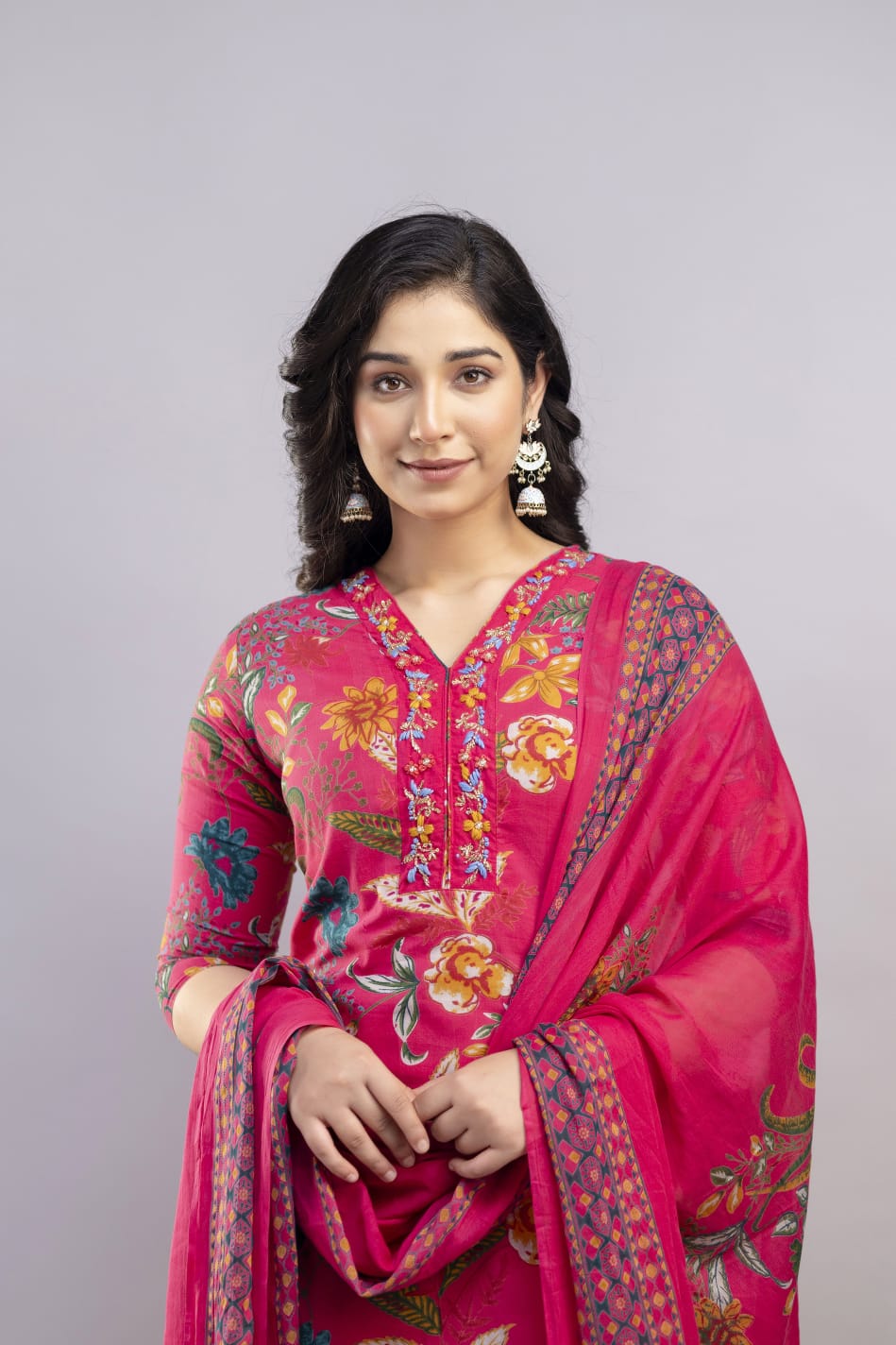 Vibrant Pink Floral Printed Cotton Kurta Set with Dupatta