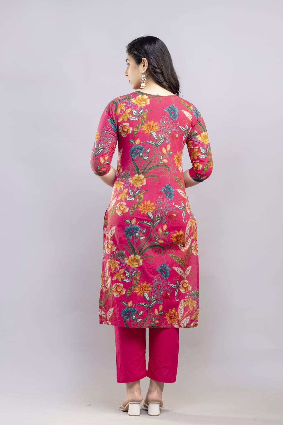 Vibrant Pink Floral Printed Cotton Kurta Set with Dupatta