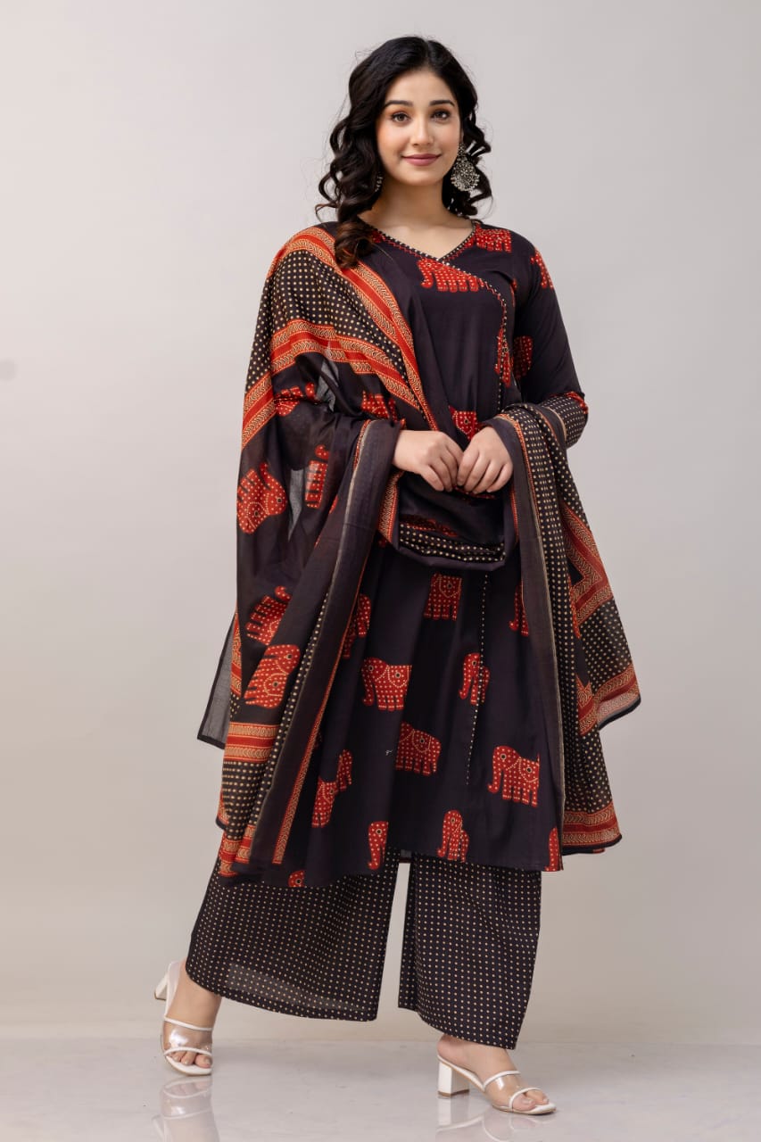 Red and Black Angrakha-Style Printed Kurta Set