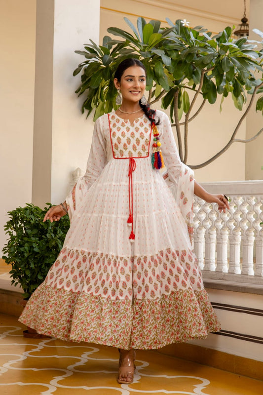 Women's White Floral Print Anarkali Dress and Dupatta