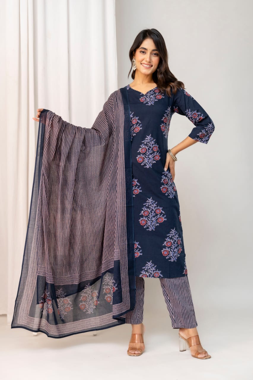 Olive Green Floral Printed Cotton Suit Set with Dupatta