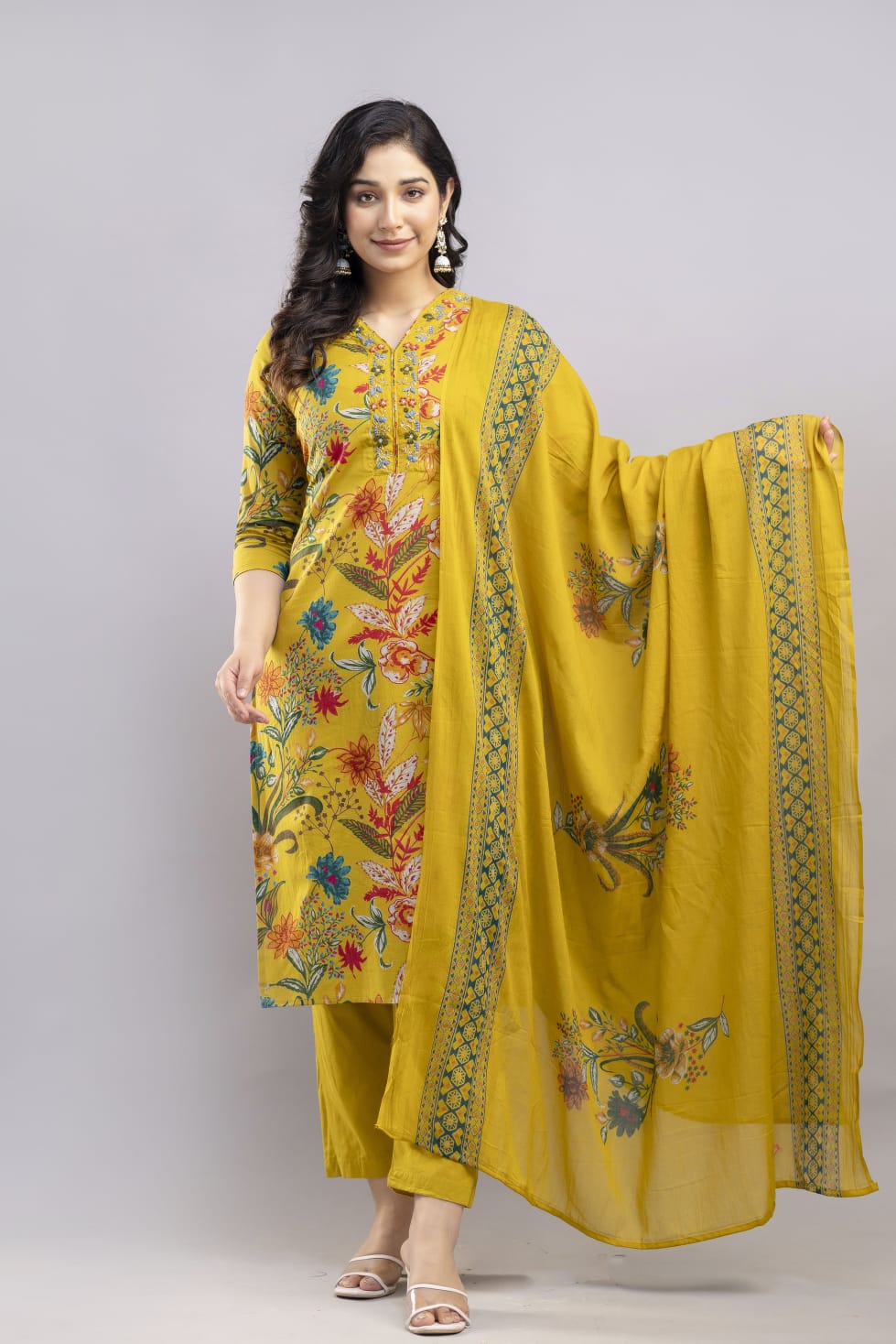 Mustard Yellow Floral Printed Cotton Kurta Set with Dupatta