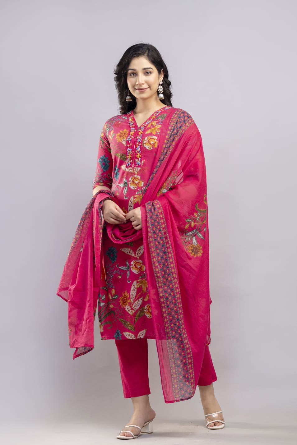 Vibrant Pink Floral Printed Cotton Kurta Set with Dupatta