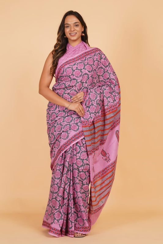 Blush Pink Floral Printed Saree with Paisley Border