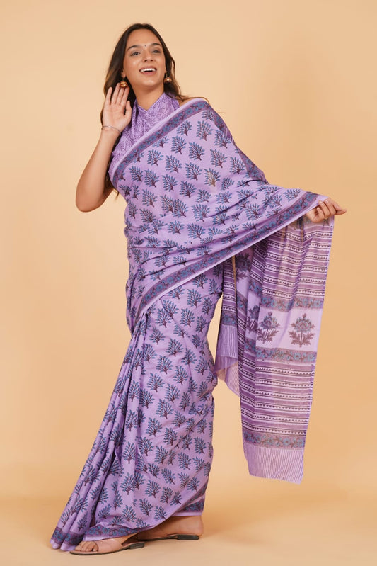 Lavender and Blue Block Print Cotton Saree