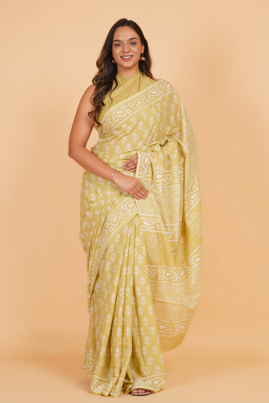 Mustard Yellow & White Hand Block Printed Saree