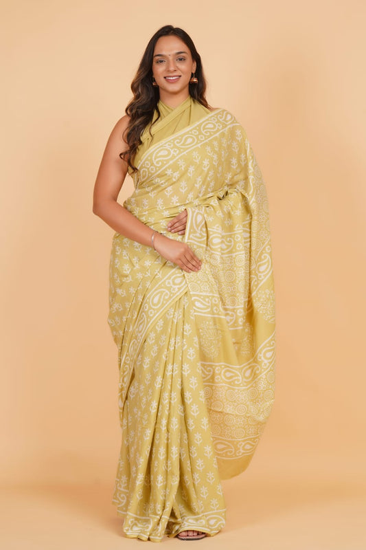 Mustard Yellow & White Hand Block Printed Saree