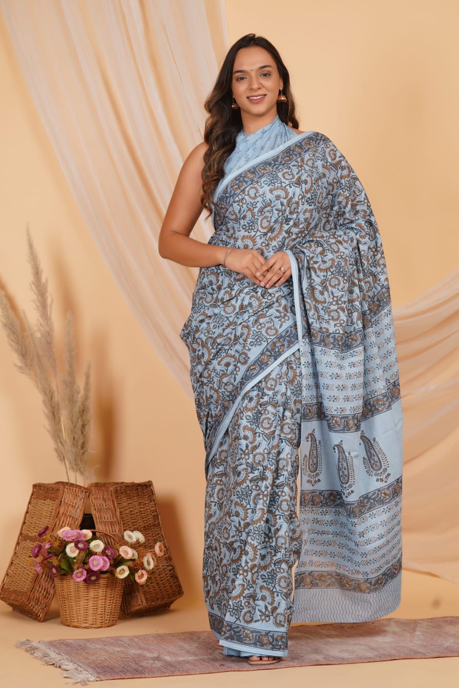 Blue & Brown Hand Block Printed Saree