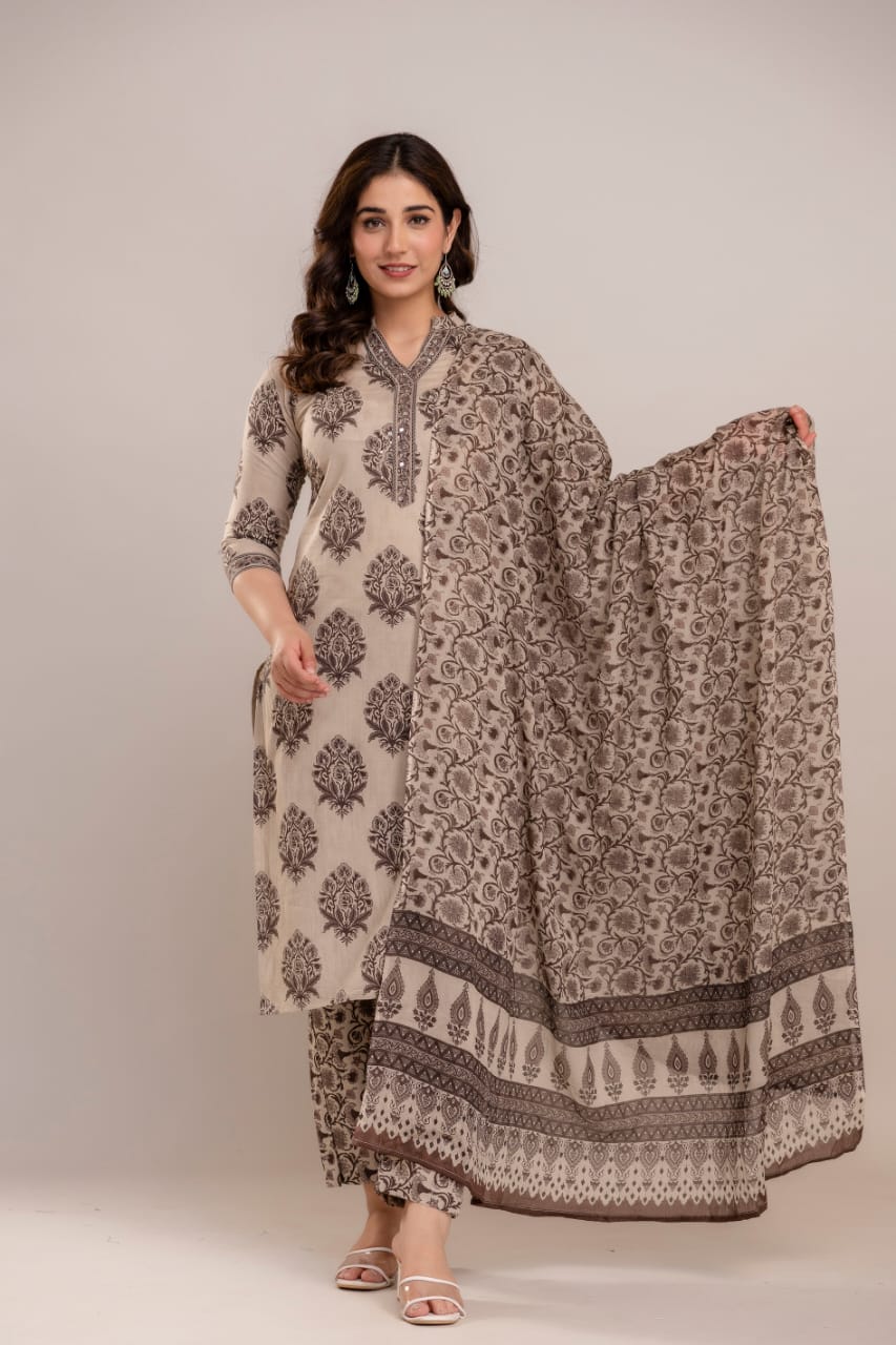 Women's Beige and Brown Printed Cotton Suit