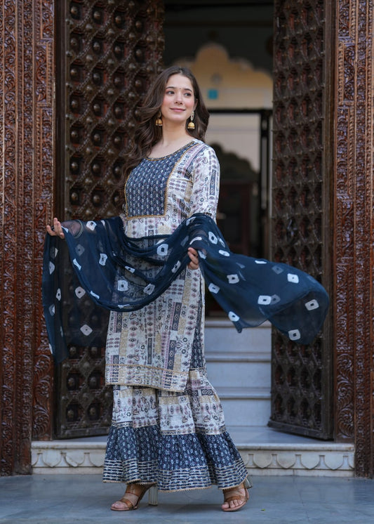 Women's Indigo Blue Printed Sharara Suit