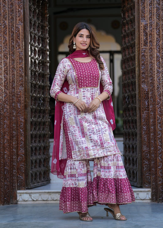 Women's Pink and White Printed Sharara Suit Set