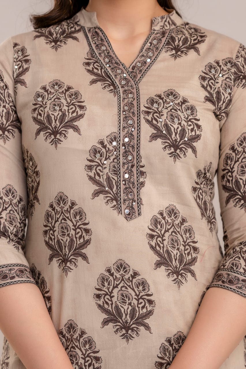 Women's Beige and Brown Printed Cotton Suit