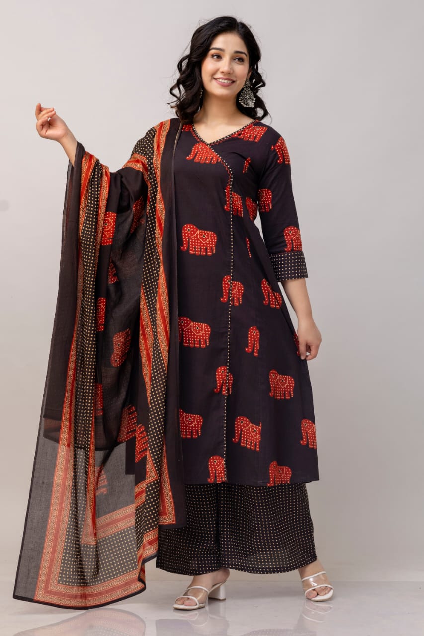 Red and Black Angrakha-Style Printed Kurta Set