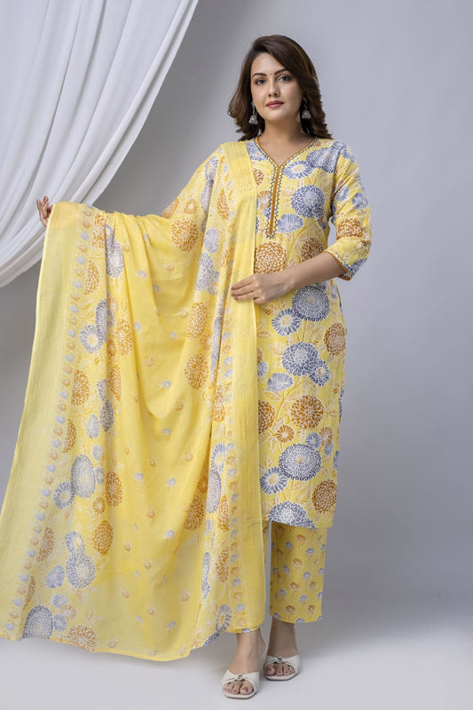 Women's Yellow Floral Printed Cotton Suit Set