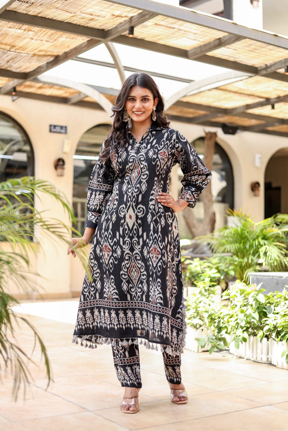 Women's Black and White Ikat Print Cord Set