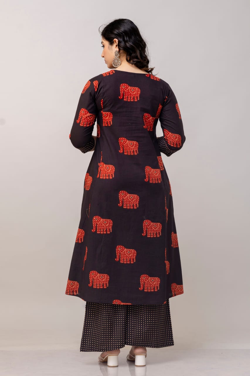 Red and Black Angrakha-Style Printed Kurta Set