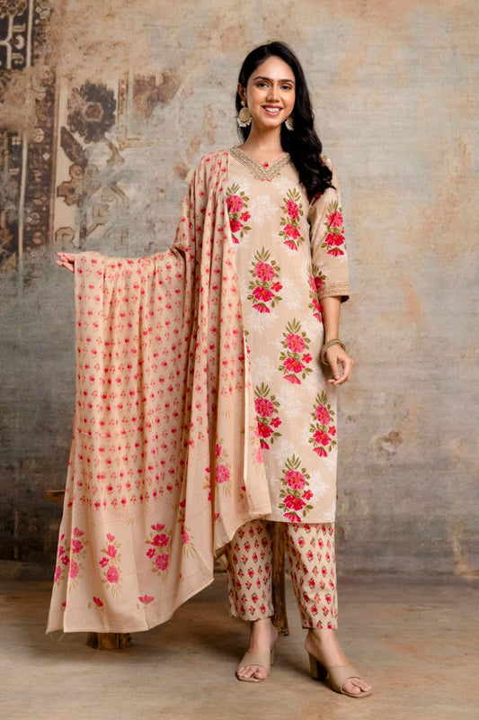 Beige Pure Cotton Suit Set with Pink Floral Block Print