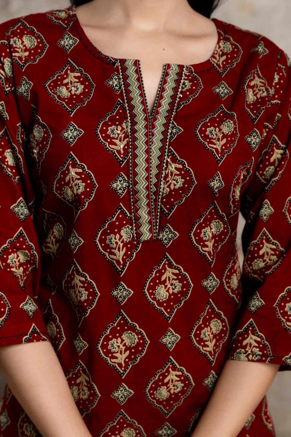 Olive Green Printed Cotton Kurta Set, Contrasting Striped Pants with Detailed Border Dupatta