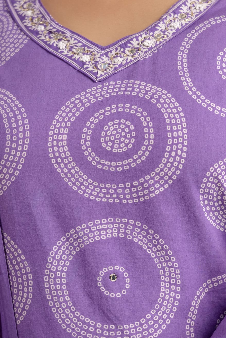 Purple Pure Cotton Suit Set with White Shibori Print