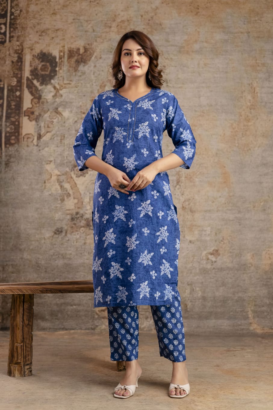 Indigo Blue Pure Cotton Suit Set with White Block Print & Dupatta