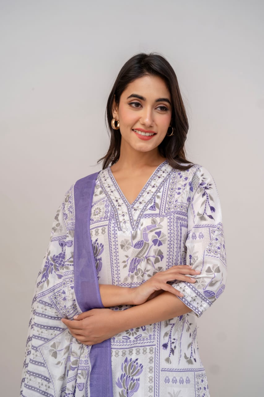 Muted Pink & White Hand-Block Printed Cotton Suit Set with Dupatta