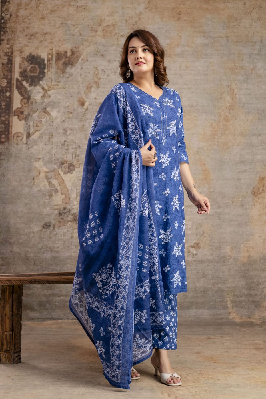 Indigo Blue Pure Cotton Suit Set with White Block Print & Dupatta