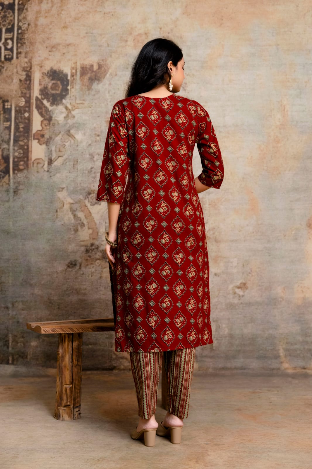 Olive Green Printed Cotton Kurta Set, Contrasting Striped Pants with Detailed Border Dupatta