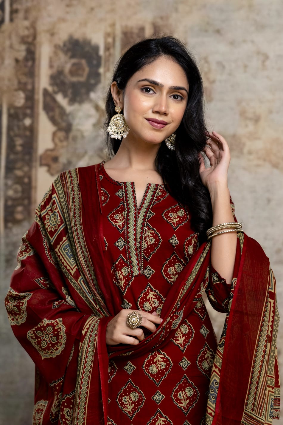 Olive Green Printed Cotton Kurta Set, Contrasting Striped Pants with Detailed Border Dupatta