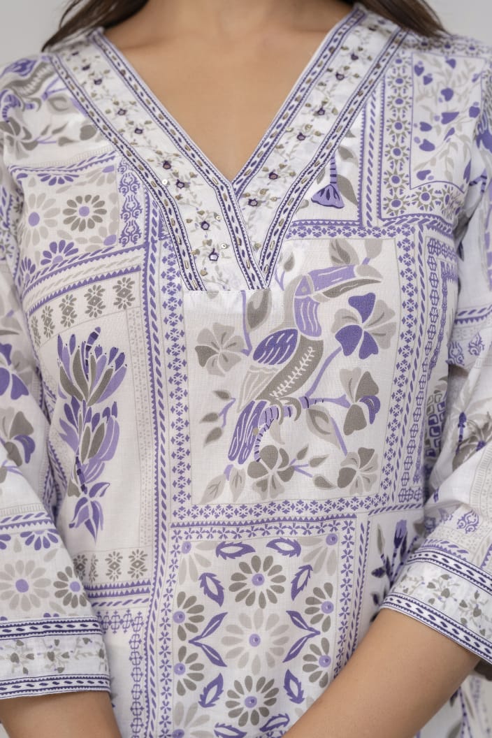 Muted Pink & White Hand-Block Printed Cotton Suit Set with Dupatta