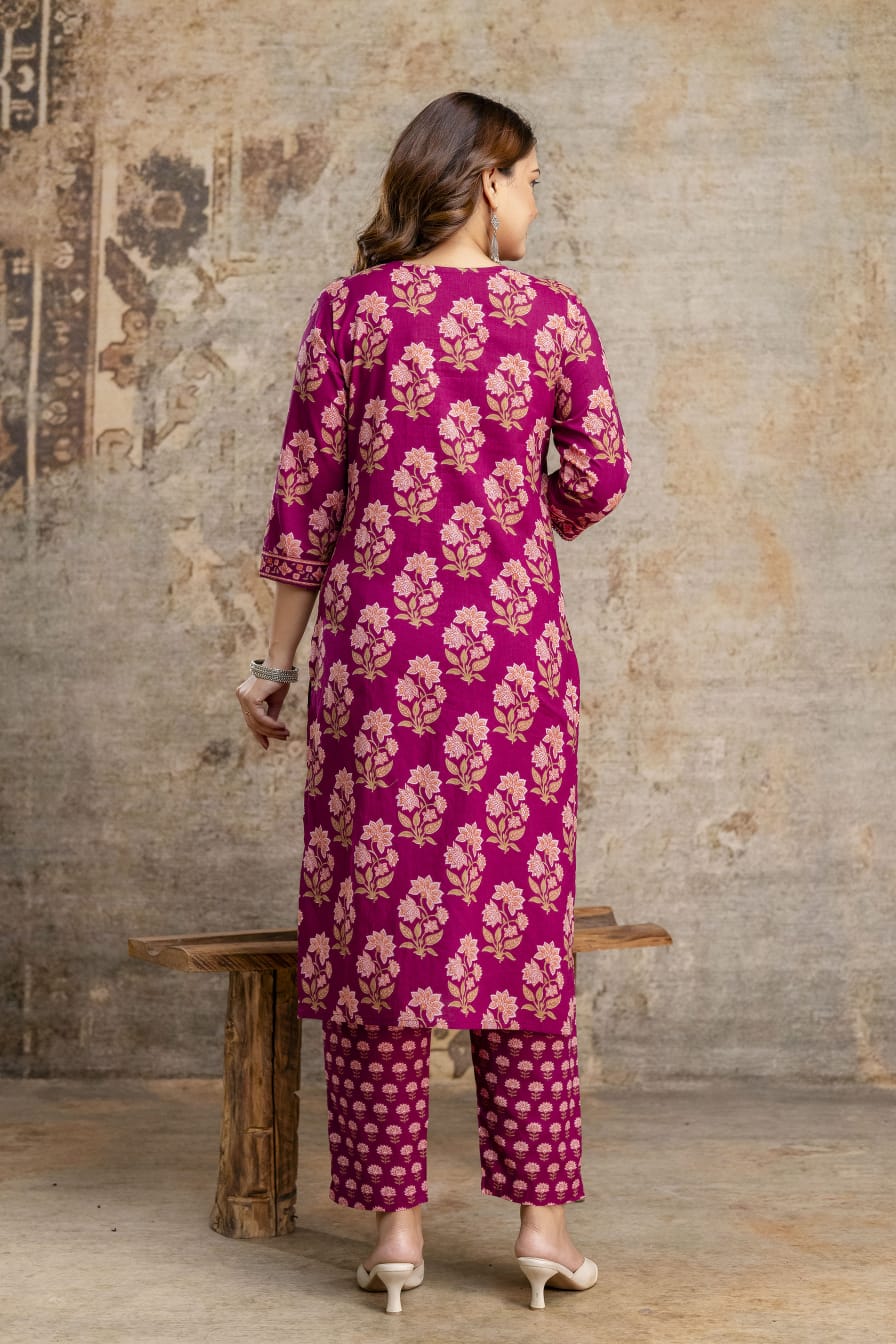 Women's Pink Sanganeri Handblock Cotton Suit Set with Printed Dupatta