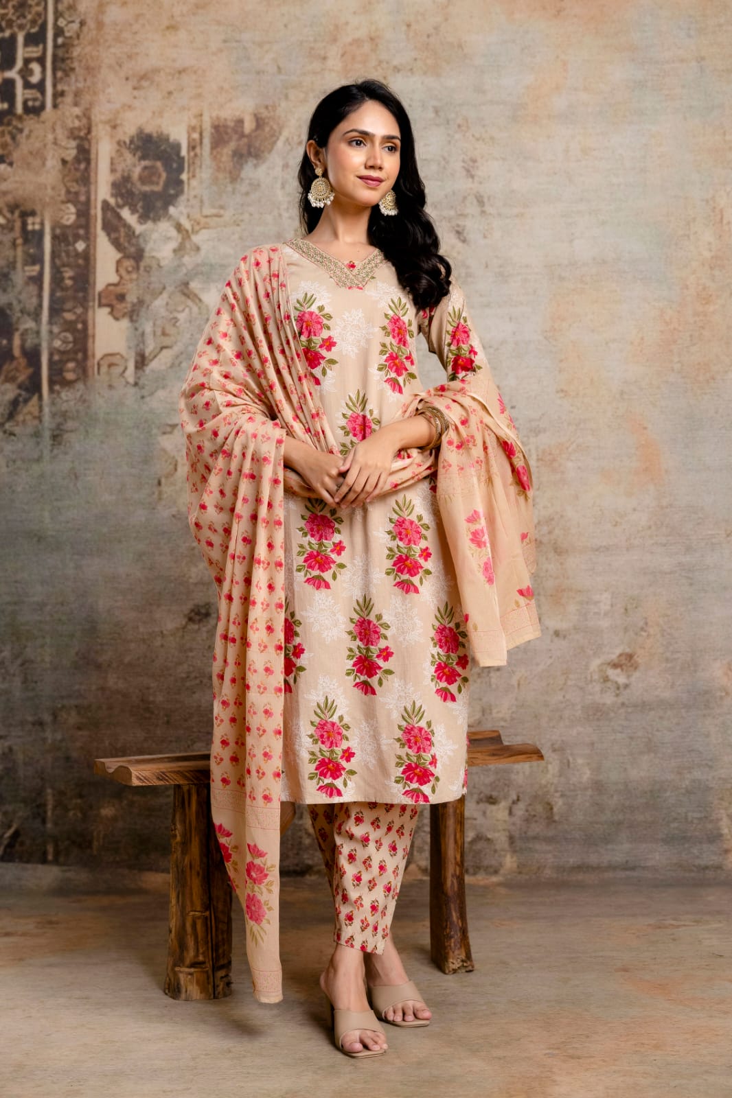 Beige Pure Cotton Suit Set with Pink Floral Block Print