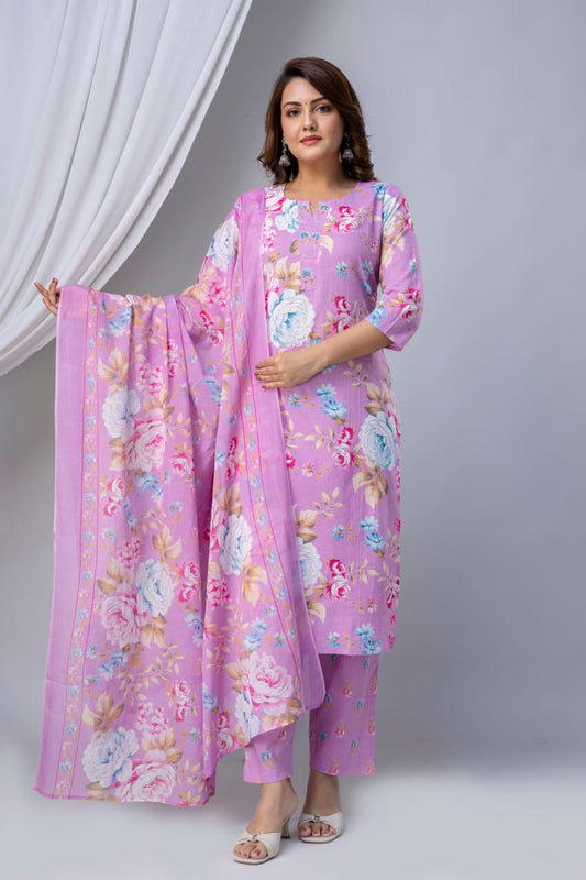 Women's Pastel Lavender Cotton Kurta Suit Set with Large Rose Floral Print & Matching Dupatta