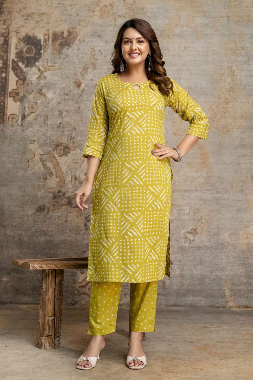 Women's Mustard Bandhani Cotton Kurta with Printed Pant – Daily & Office Wear Suit Set