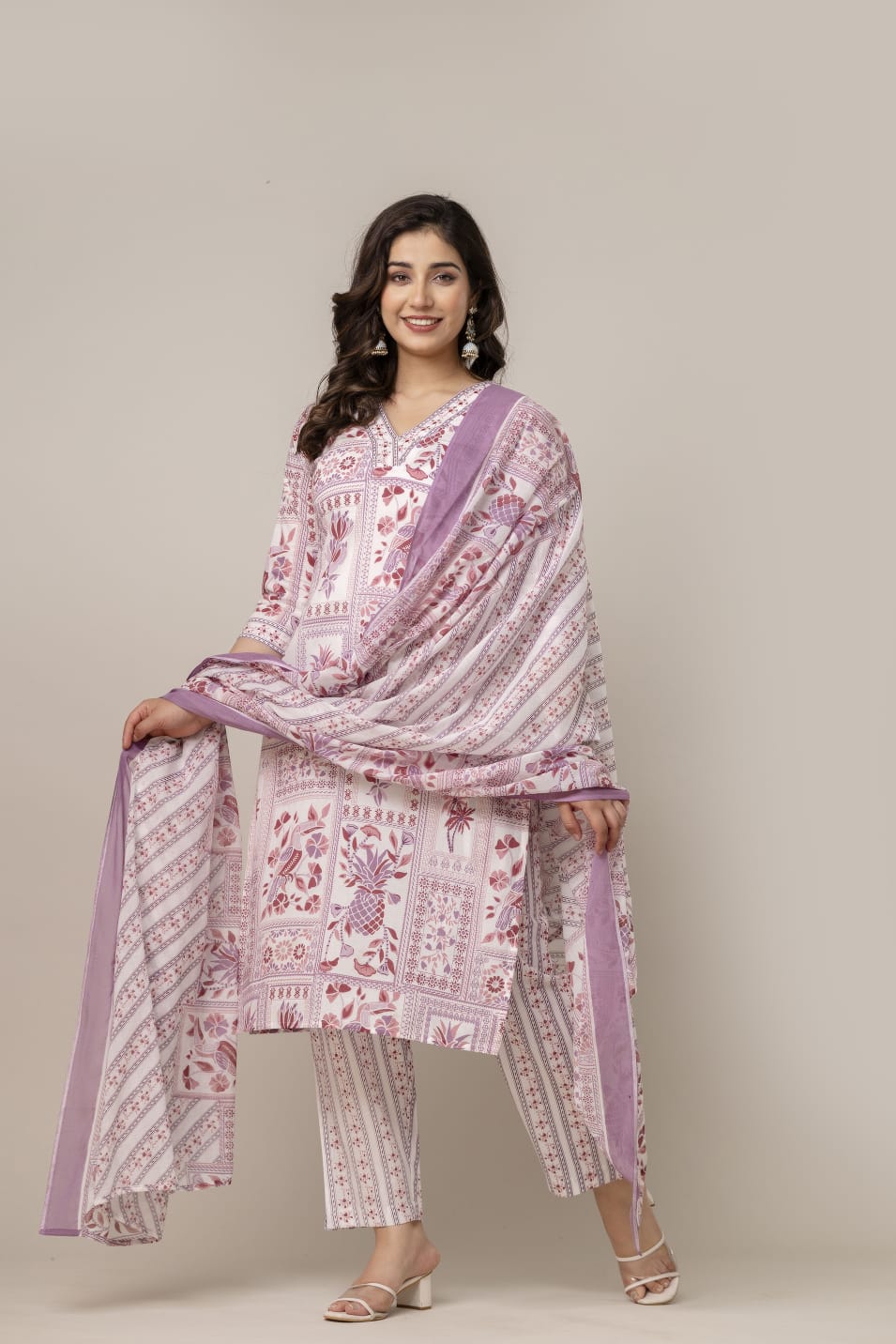 Muted Pink & White Hand-Block Printed Cotton Suit Set with Dupatta