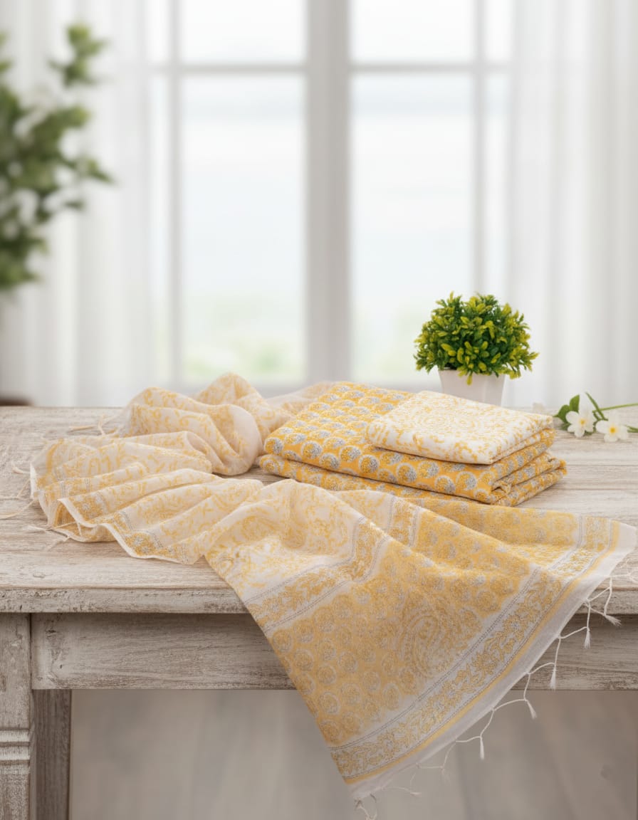 Elegant Aqua Floral Handblock Cotton Suit Set - Kota Doriya Dupatta with Zari Border