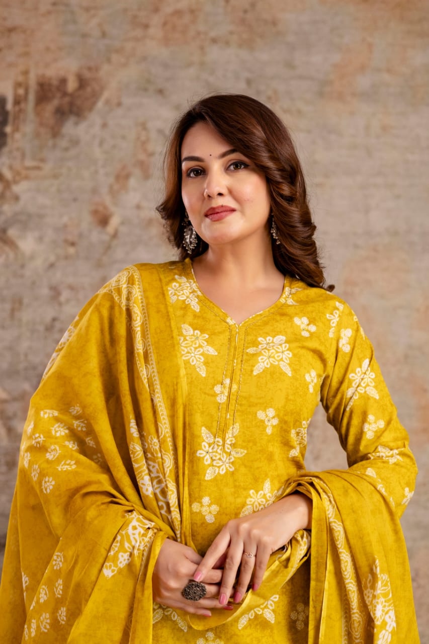 Indigo Blue Pure Cotton Suit Set with White Block Print & Dupatta