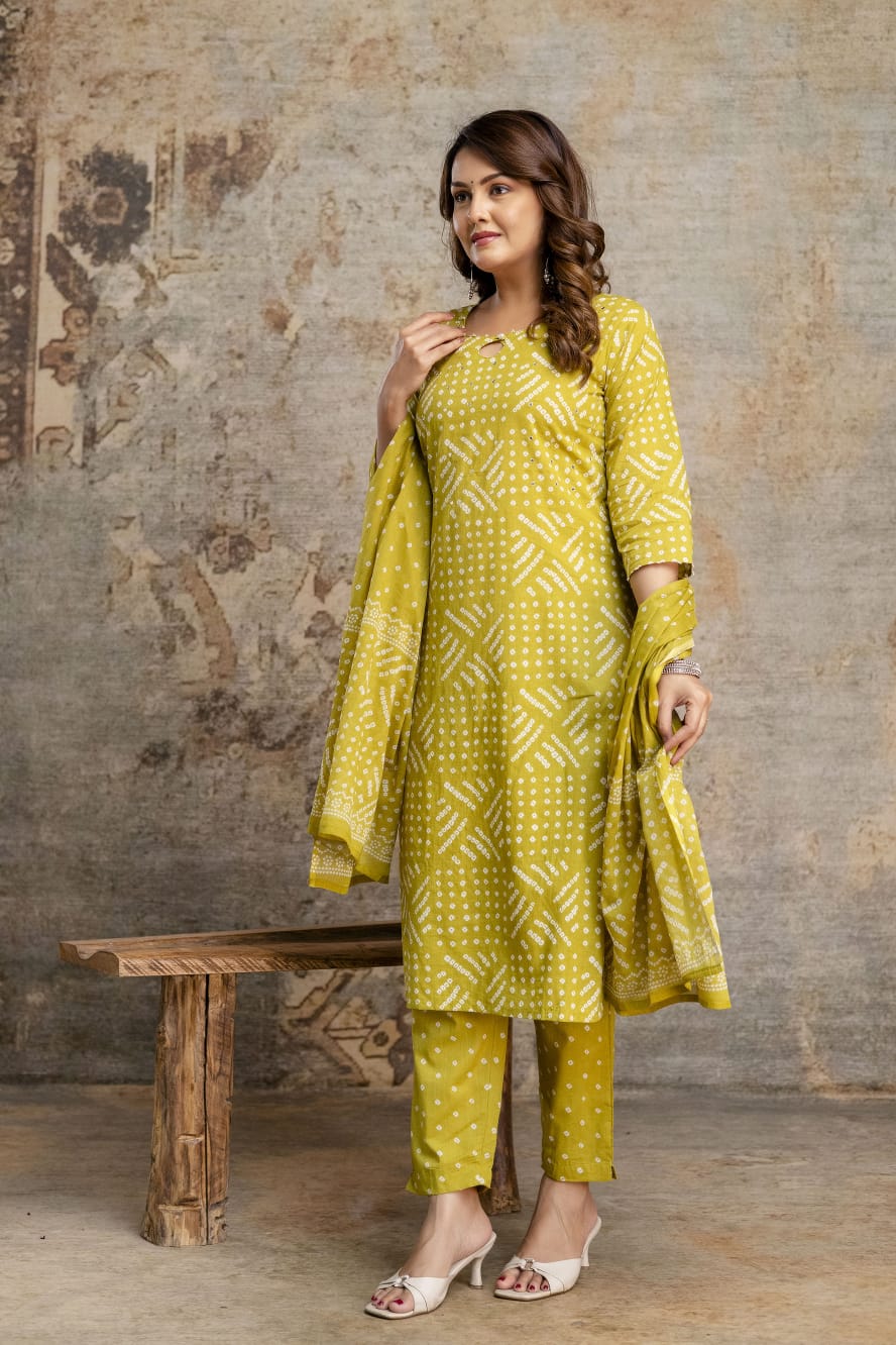 Women's Mustard Bandhani Cotton Kurta with Printed Pant – Daily & Office Wear Suit Set