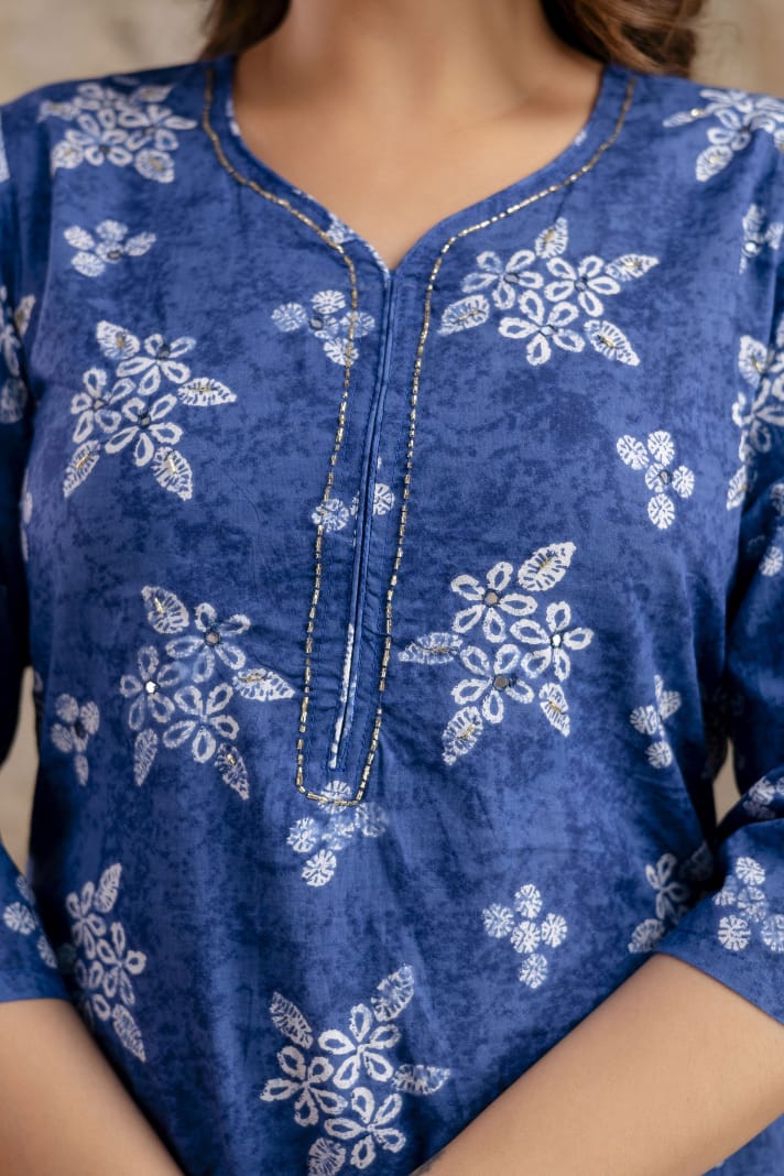 Indigo Blue Pure Cotton Suit Set with White Block Print & Dupatta