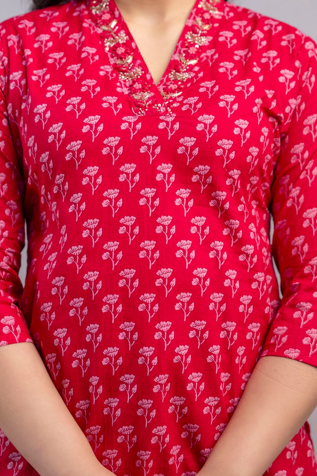 Elegant Red Sanganeri Handblock Printed Cotton Kurta Set with Dupatta