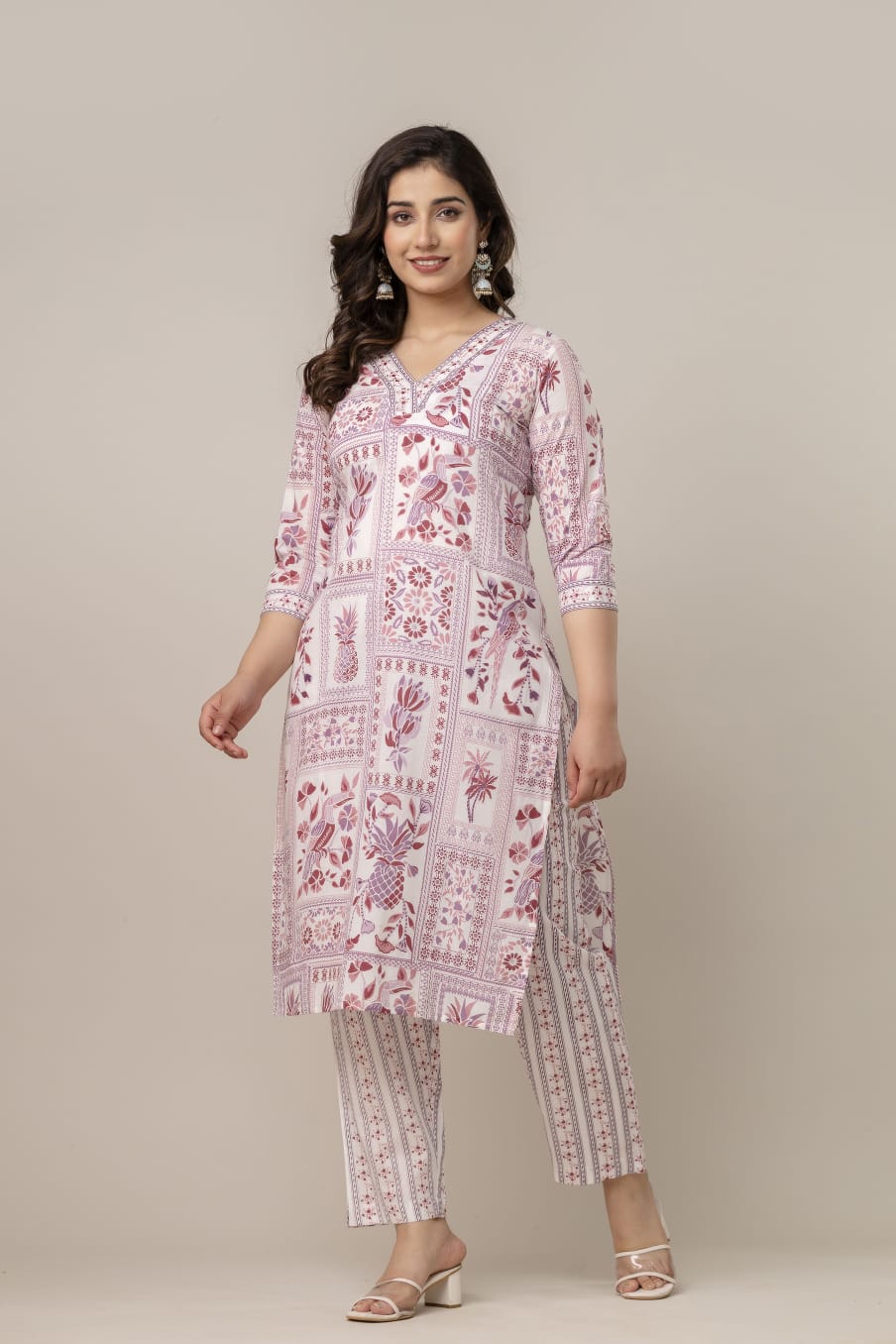 Muted Pink & White Hand-Block Printed Cotton Suit Set with Dupatta