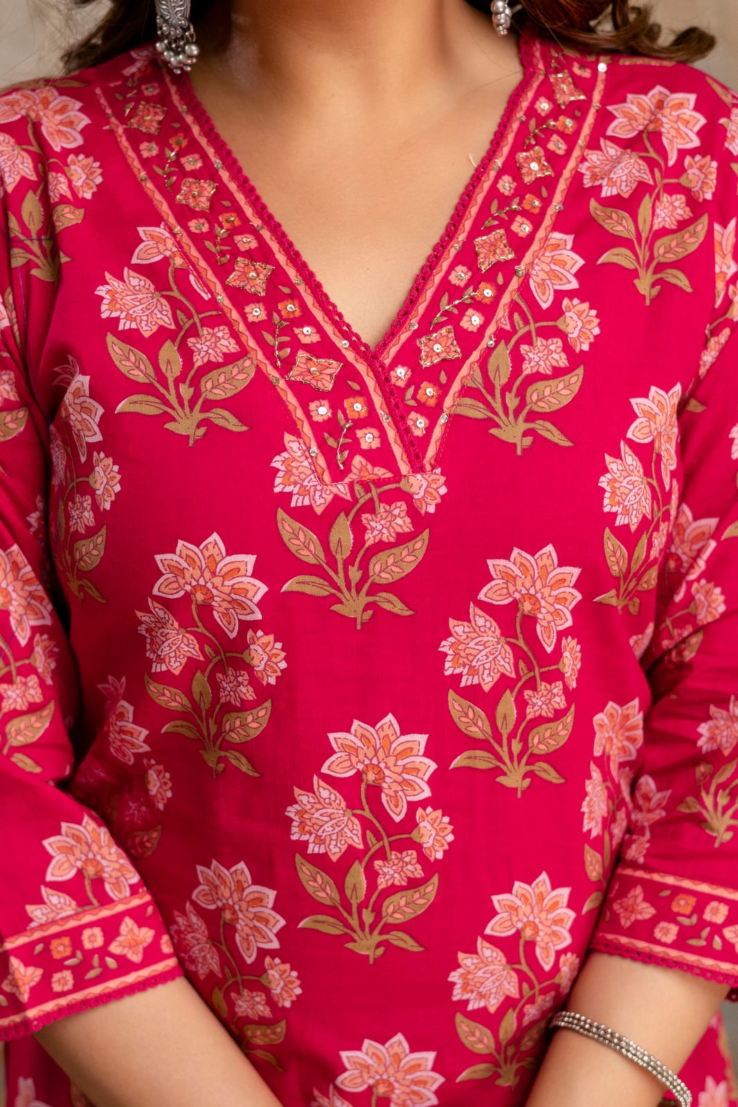 Women's Pink Sanganeri Handblock Cotton Suit Set with Printed Dupatta